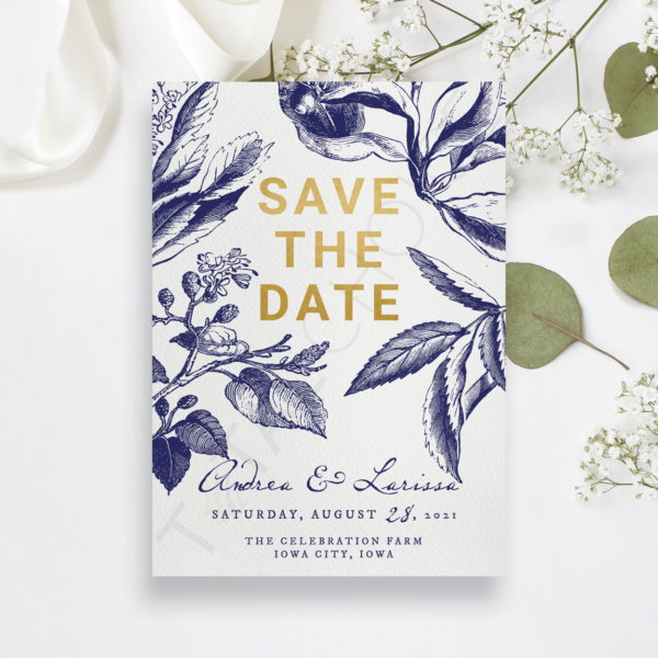 Gold and Navy Floral Save the Date