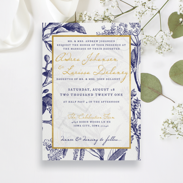 Gold and Navy Floral Invitation