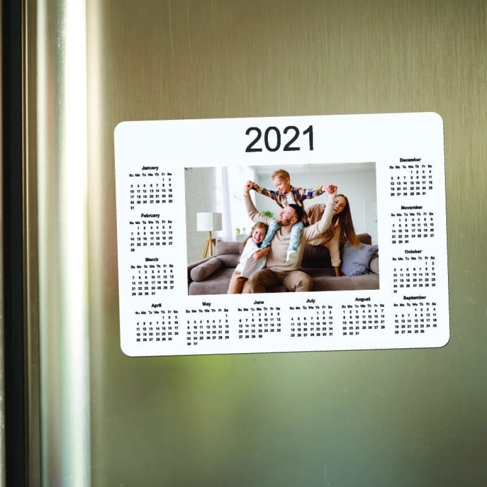 Photo calendar magnet on fridge